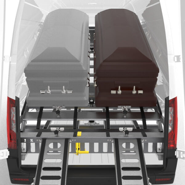 2 caskets secured on tilted down upper deck of DD4000